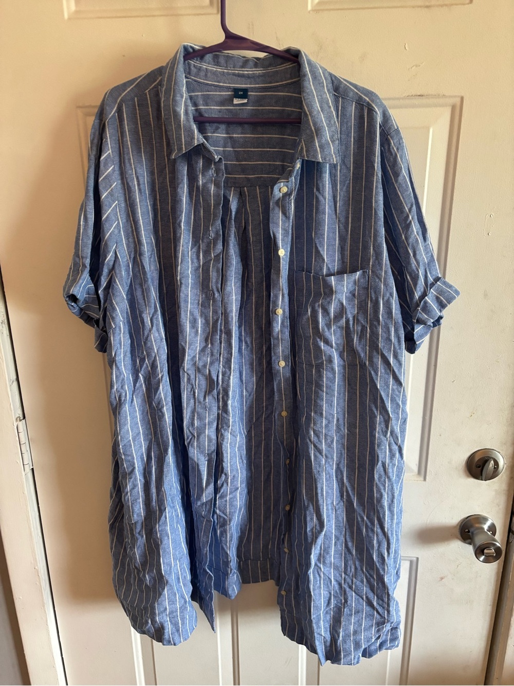 Women’s Old Navy Blue and White Vertical Stripe Short-Sleeve Button-Down Dress